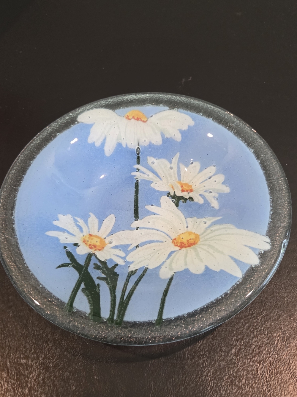 Peggy Karr Fused Glass Daisy Bowl/Plate New In Box Collectible 6.5"